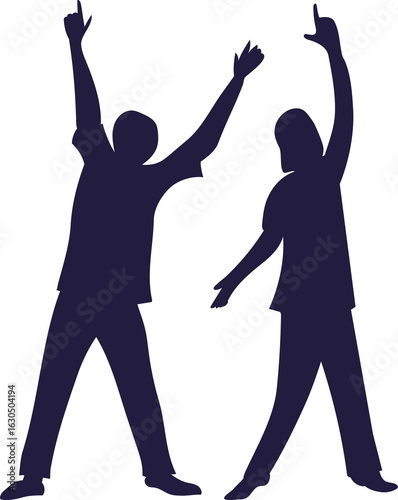 Man and woman silhouettes with raised arms. Celebration and unity concept. Graphic design element for event poster banner.