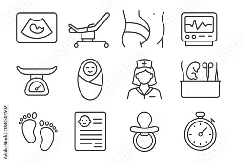 Medical icons: pregnancy, birth, baby, nurse, equipment, healthcare