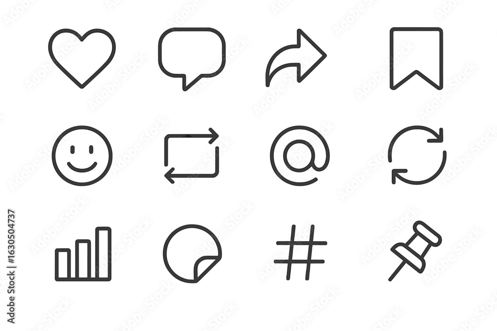 Fototapeta premium Set of 12 social media icons on dark background: heart, speech, arrow