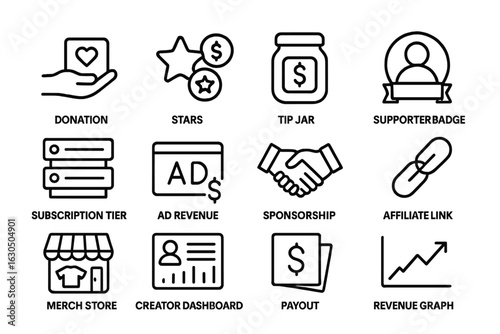 Digital content creator icons for donations and revenue strategies