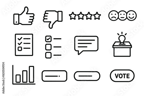 Icons of feedback and voting: thumbs up, checklist, vote, ratings