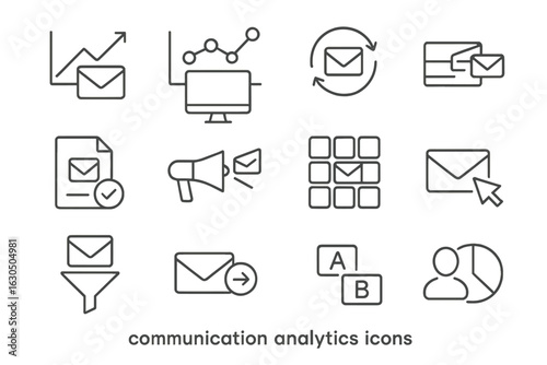 Simple line icons for communication and analytics on dark background