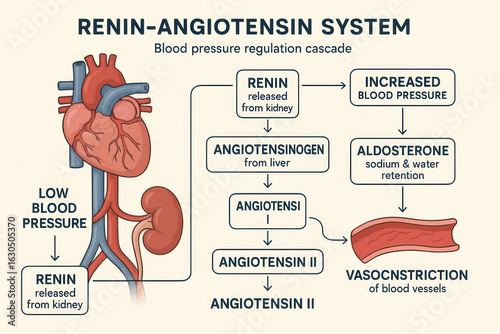 Renin-Angiotensin System Illustration: Blood Pressure Regulation Cascade in the Human Body - Illustration