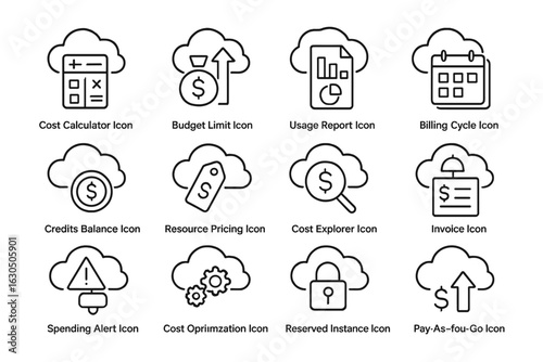 Cloud computing cost management icons set with various financial symbols