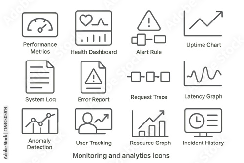 Monitoring and analytics icons with performance and health dashboard elements
