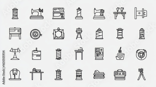 Set of 45 outline icons related to textile industry. Linear icon collection. Editable stroke. Vector illustration