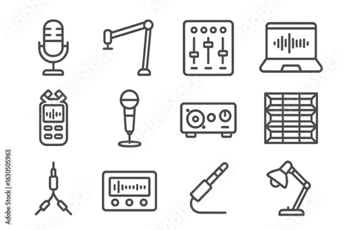 Monochrome audio equipment icons and recording tools set