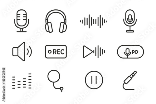 Audio symbols set: microphone, headphones, soundwave, recording icons