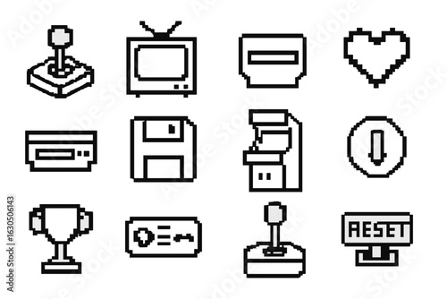 Retro gaming icons set: joystick, tv, floppy disk, arcade, heart, trophy