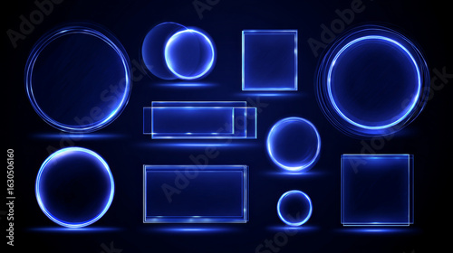 Neon glass frame collection with luminescent geometric elements - blue translucent shapes with radiant borders on dark backdrop. Various rectangle, circle and rounded designs with glowing edges.