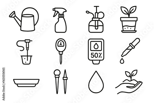 Gardening tools and symbols for watering, growing, and caring for plants