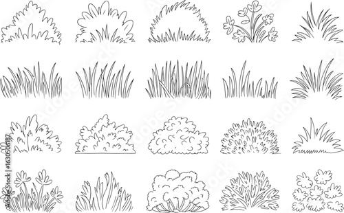 Collection of hand drawn grass and bush design elements for creating landscape designs and natural scenes on paper