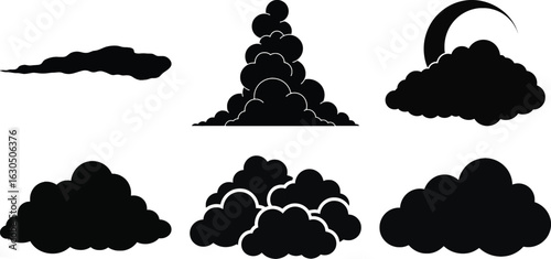 Cloud silhouette vector set with various cloud shapes, including cumulus, stratus, and clouds with moon, perfect for weather and sky design projects.