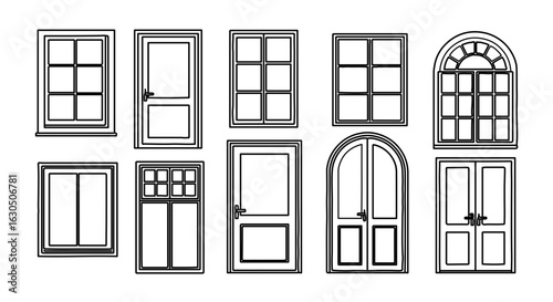 Collection of various architectural windows and doors designs vector illustration outline style elements 100