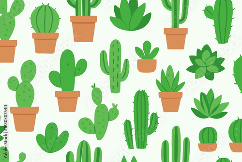 Cacti and succulents in various pots arranged on a light background showcasing diverse plant species and shapes