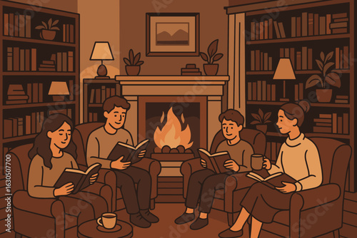 Family reading together by the fireplace in a cozy library setting during the evening