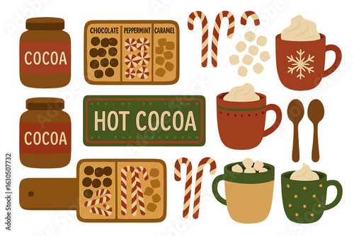 Festive hot cocoa preparation with candy canes and toppings for cozy winter gatherings