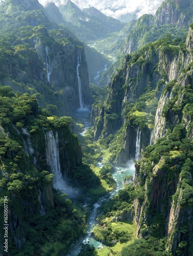 a lush green valley with multiple waterfalls cascading down cliffs