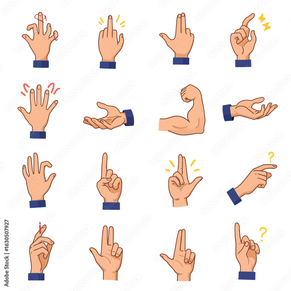 Fototapeta premium Cartoon Hands: Diverse Gestures, Bright Style, Playful Mood