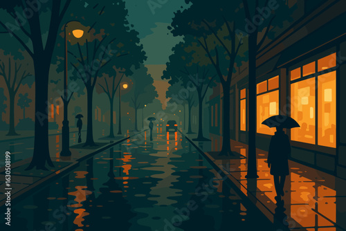Evening stroll during rainy night in a city with glowing lights and reflections