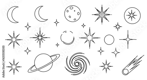 Celestial space elements vector illustration with stars moon planet comet galaxy for astronomy designs