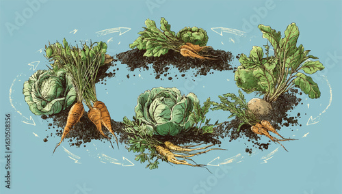 Illustration of crop rotation cycle with cabbage carrots and beets demonstrating sustainable farming practices for healthy vegetable harvests and improved soil fertility