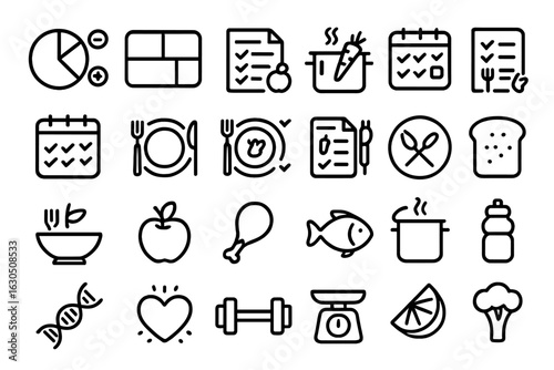 Icons representing meal planning, healthy eating habits, and food preparation styles for nutritious lifestyles