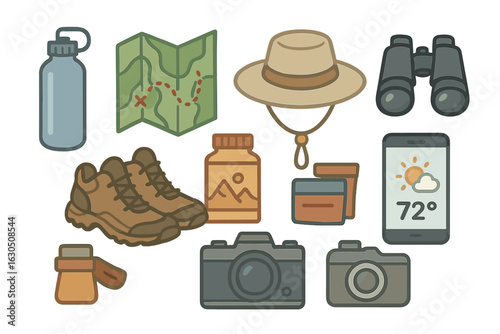 Essential gear for hiking adventures in nature, including maps, footwear, and photography tools