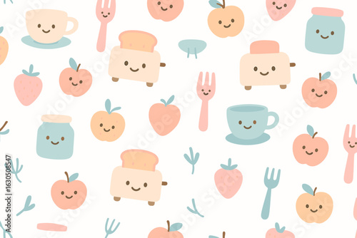 Cute and colorful kitchen pattern featuring cheerful food items and utensils for a whimsical design