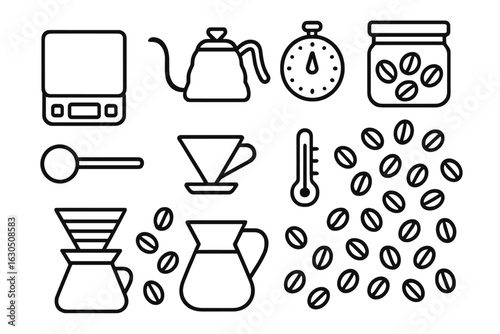 Brewing coffee tools and equipment arranged on a clean surface for preparing the perfect cup of joe