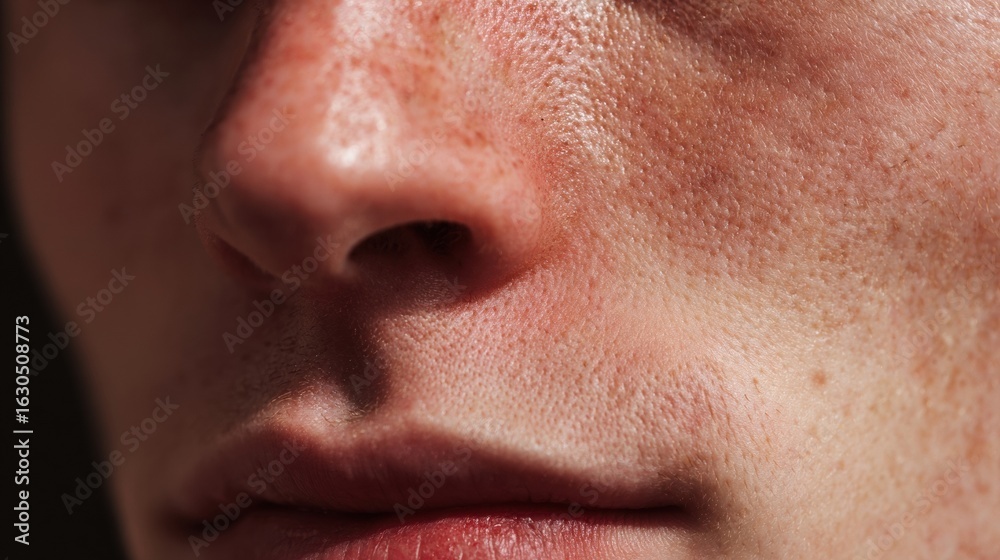 Obraz premium Close-up of a Persons Face Showcasing Skin Texture and Features Under Soft Lighting