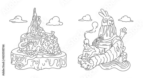 Outlined fantasy landscape drawing with dripping melting structures and clouds coloring page clip art