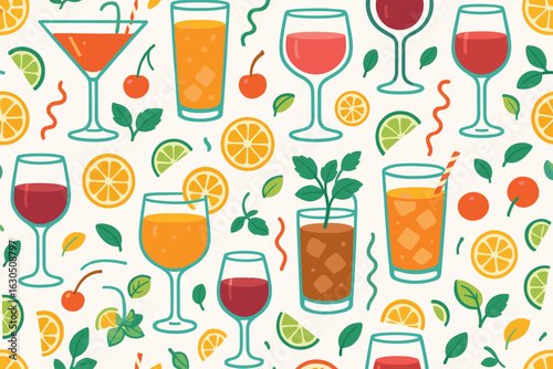 Colorful assortment of cocktails and fruits arranged in a playful pattern ideal for summer gatherings or festive events