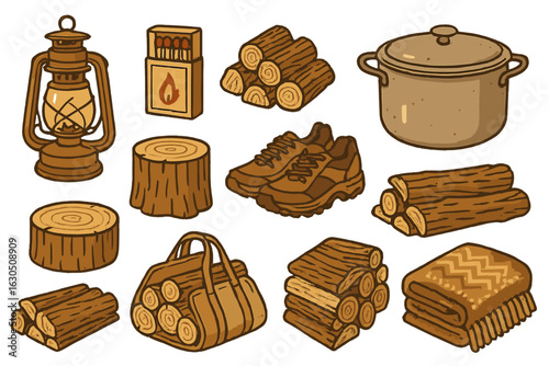 Campfire essentials include lantern, matches, logs, cooking pot, hiking shoes, blanket, and backpack for outdoor adventure