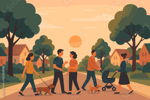 People walking in a neighborhood at sunset with pets and a stroller enjoying a peaceful evening