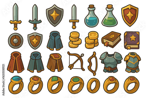 Collection of fantasy game items featuring swords, shields, potions, and armor designed for adventure and quests