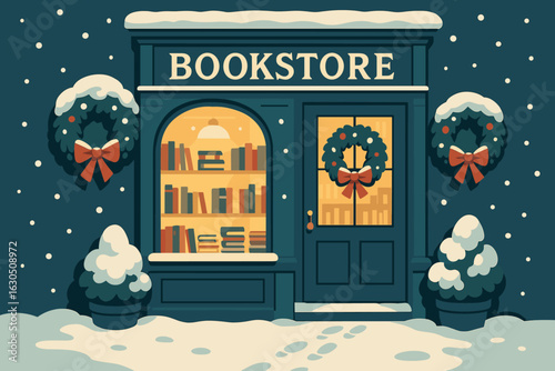 Charming winter bookstore adorned with festive decorations and snow-covered exterior in a cozy neighborhood