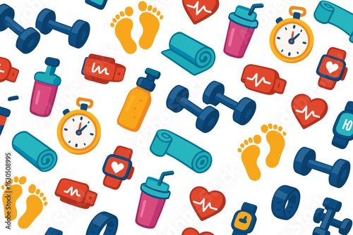 Colorful fitness and health icons featuring gym equipment and wellness symbols for exercise and training activities