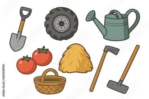 Gardening tools and produce arranged on a surface with a focus on vegetable cultivation and farming essentials