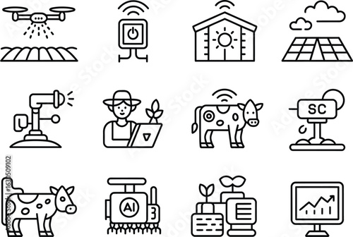 Smart farming technology icons representing modern agriculture innovations
