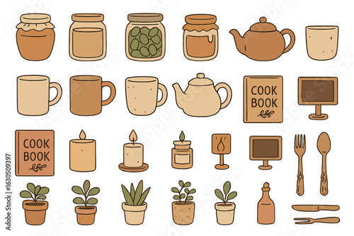 Charming collection of kitchen items and decor featuring jars, mugs, and plants in a cozy setting