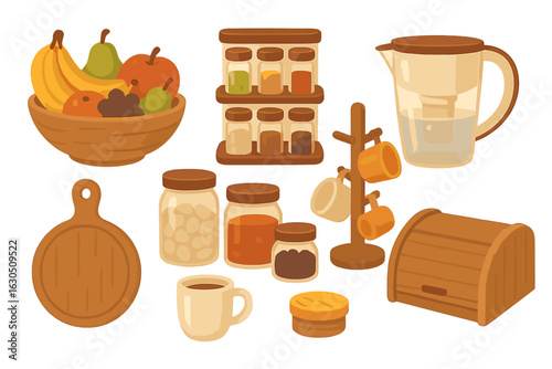 Kitchen still life featuring a variety of fruits, jars, and utensils set in a warm, homey atmosphere
