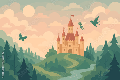 Magical castle surrounded by lush trees and gentle river during a serene sunset