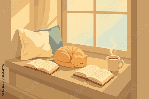 Cozy afternoon on a window seat with a cat, books, and a cup of coffee in a sunlit room