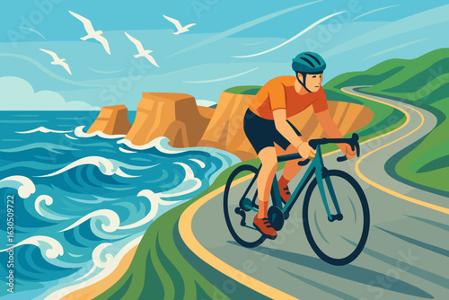 Cyclist rides along a scenic coastal road with waves crashing against cliffs during a sunny day