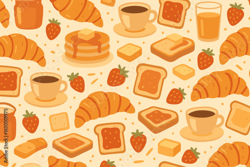 Delicious breakfast spread with coffee, croissants, toast, and pancakes on a light background