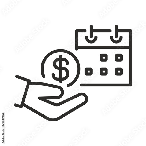 Payment or repayment of debt. Calendar linear vector illustration. Loan term. Money in hand. Simple symbols. Get a loan icon. Time is money.