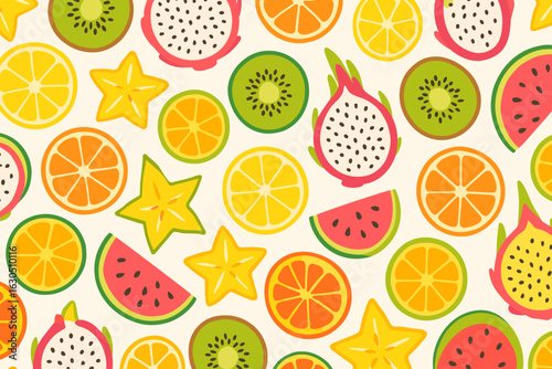 Colorful arrangement of tropical fruits showcases vibrant flavors and textures in a bright design perfect for summer festivities