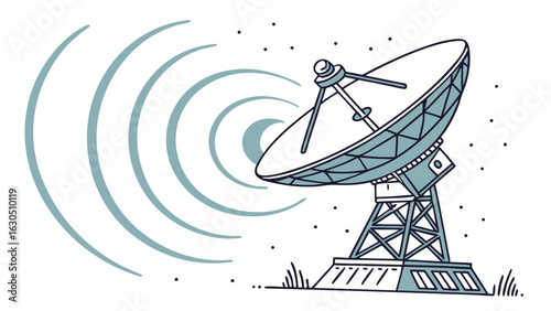 Illustration of a satellite dish with signal waves against a starry white background design style