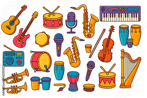 Various musical instruments illustrated in vibrant colors showcasing a rich diversity of sound and rhythm